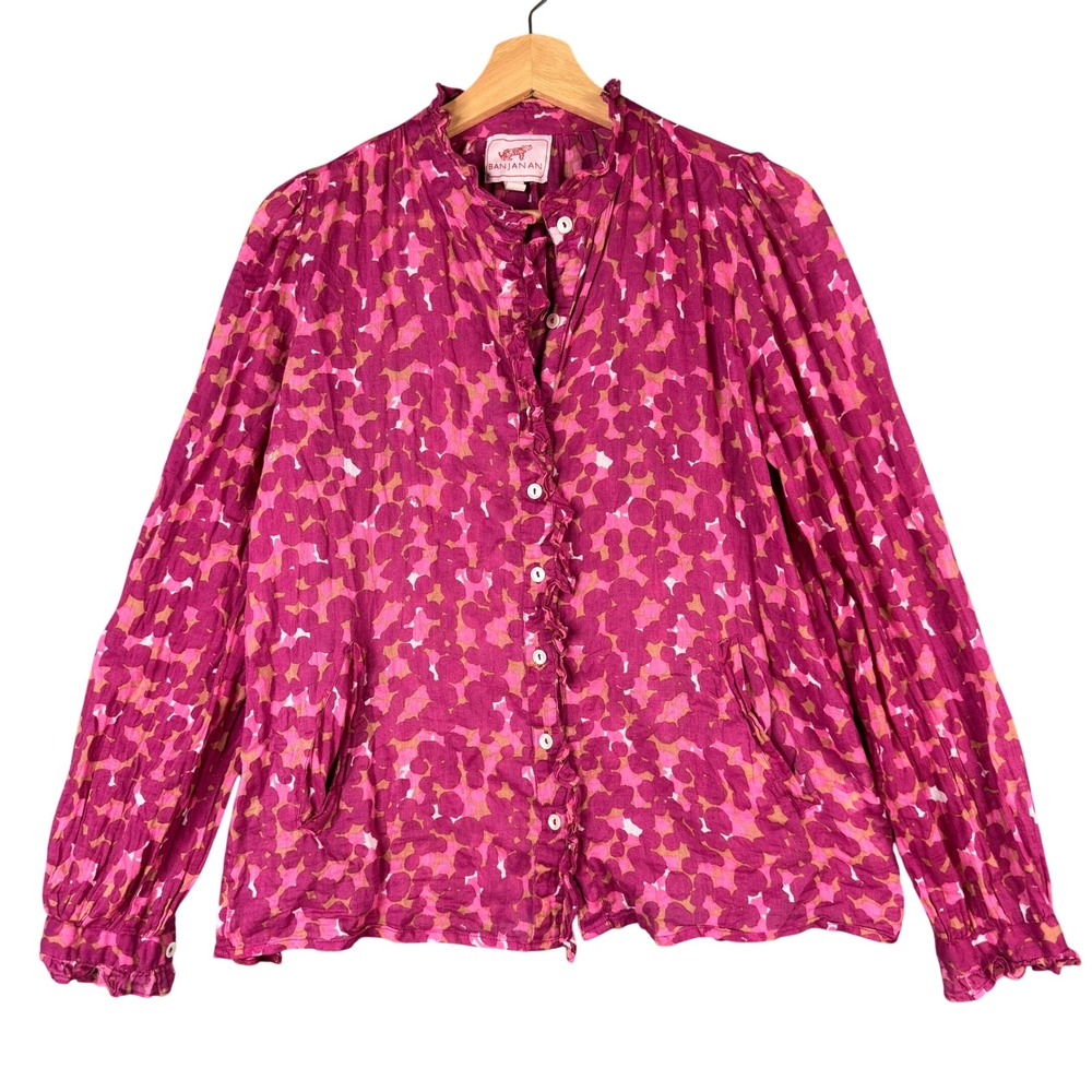 Banjanan Pink Abstract Floral Ruffle Button Down Cotton Blouse Side Pockets S